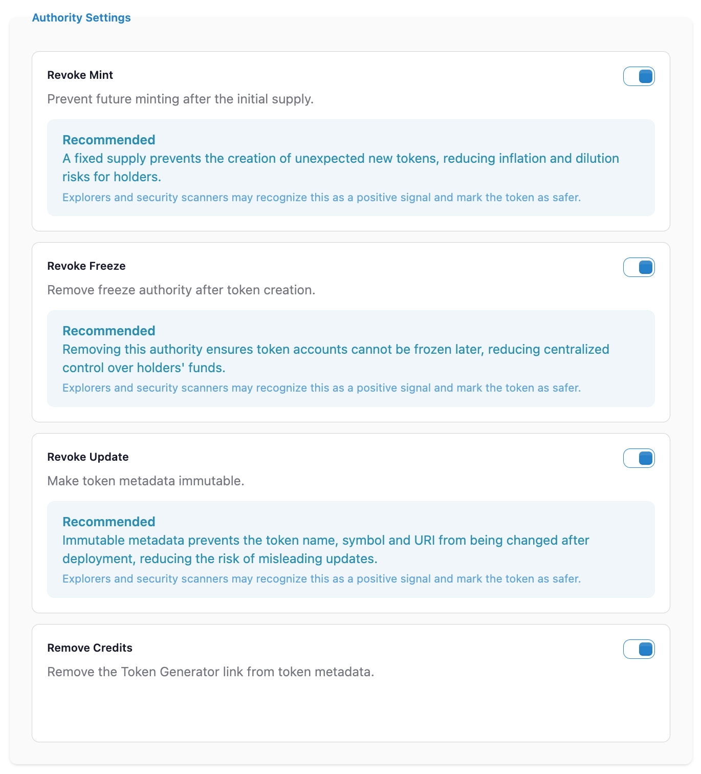 Solana token mint, freeze and metadata authority options