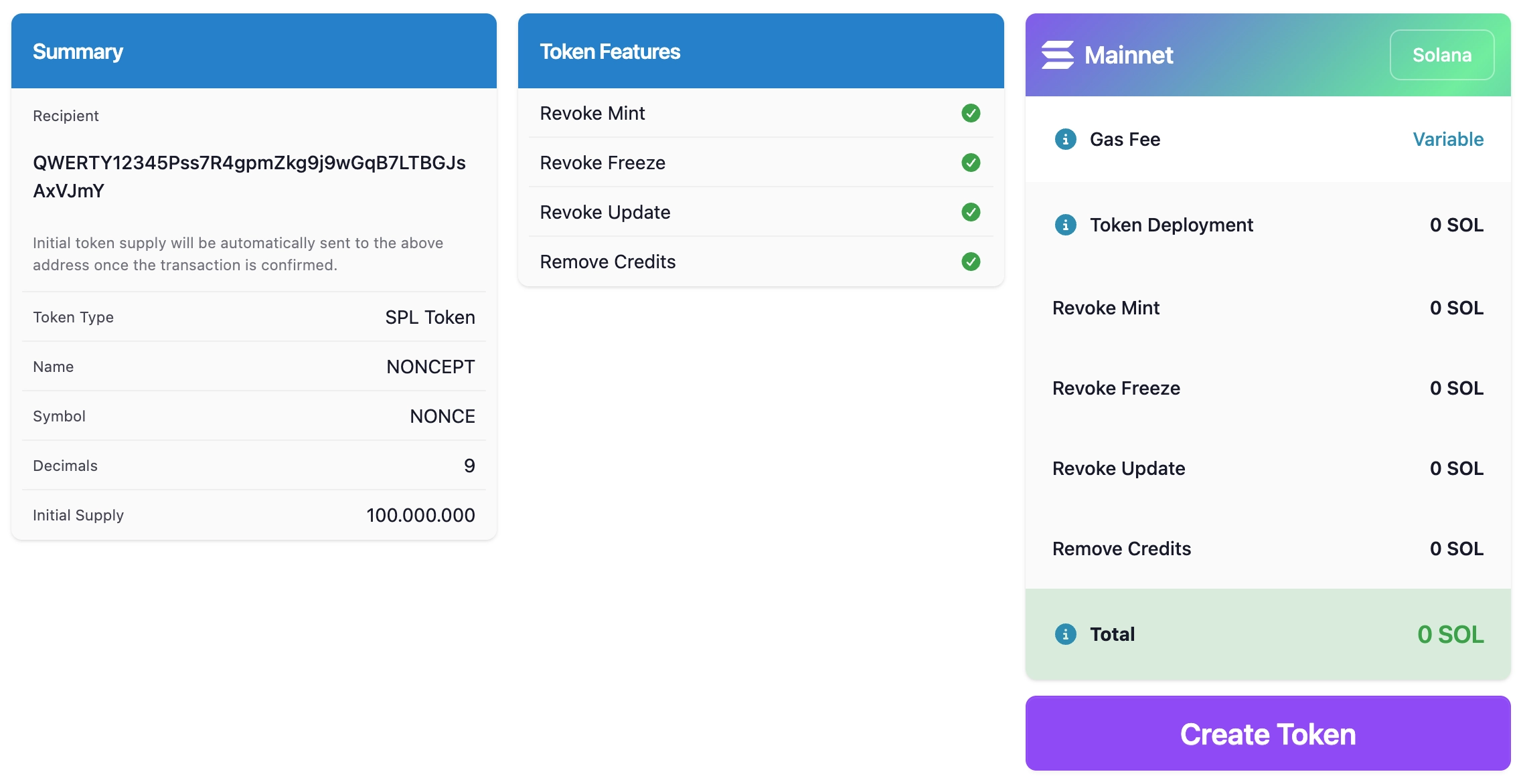 Solana Token Generator checkout with selected token features and costs