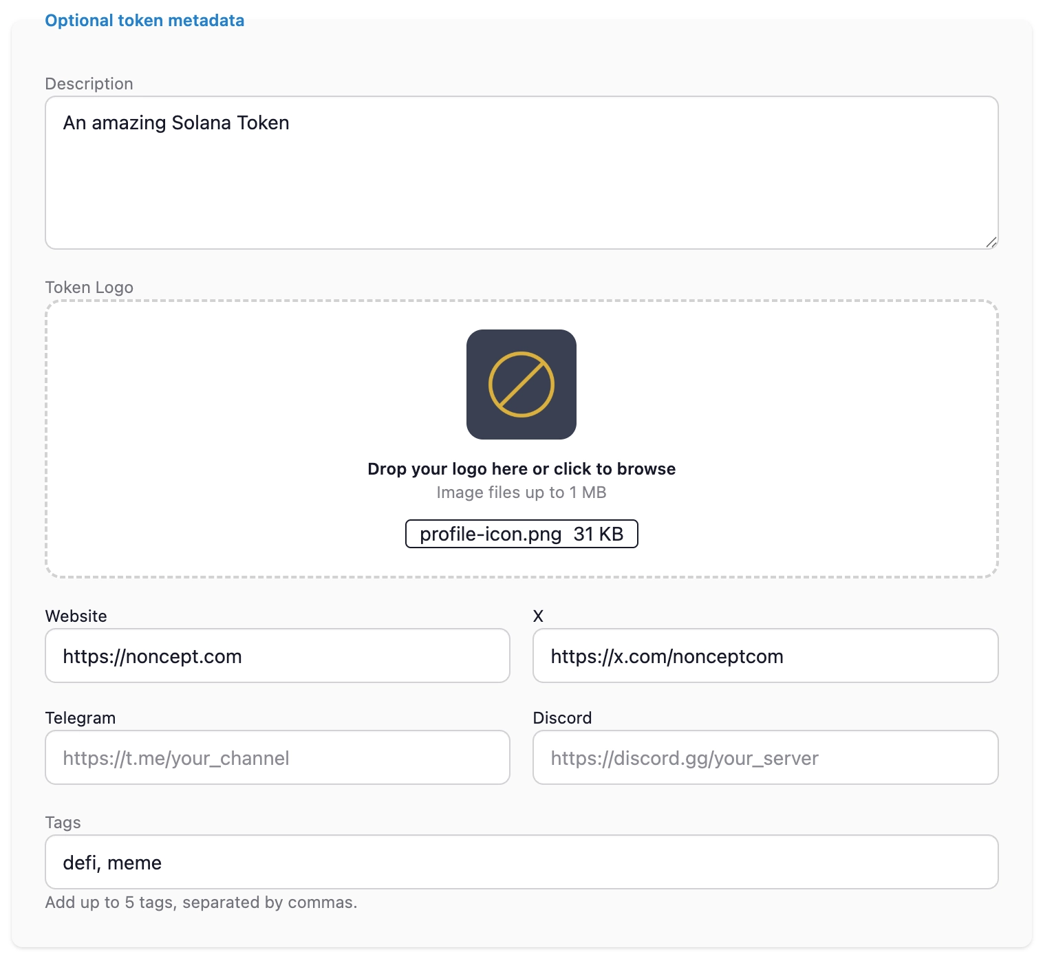 Solana token metadata form with logo, description and project links