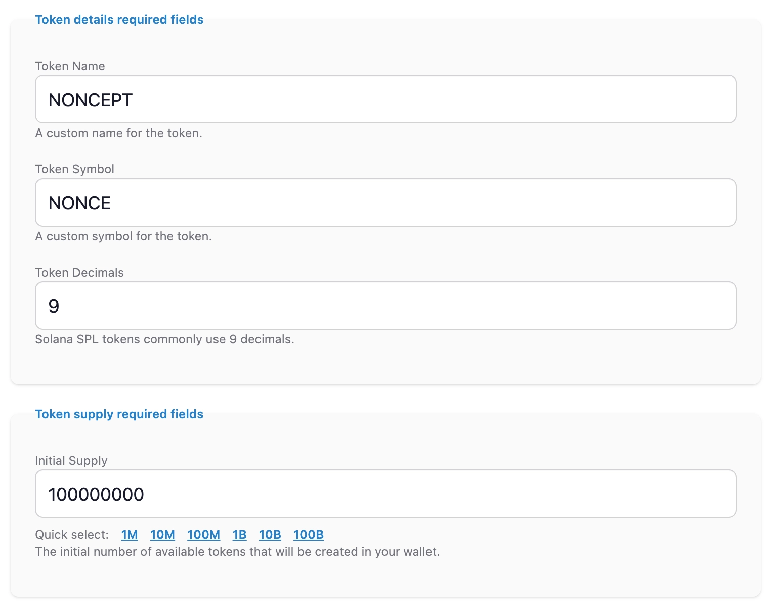 Solana token properties form with name, symbol, decimals and supply