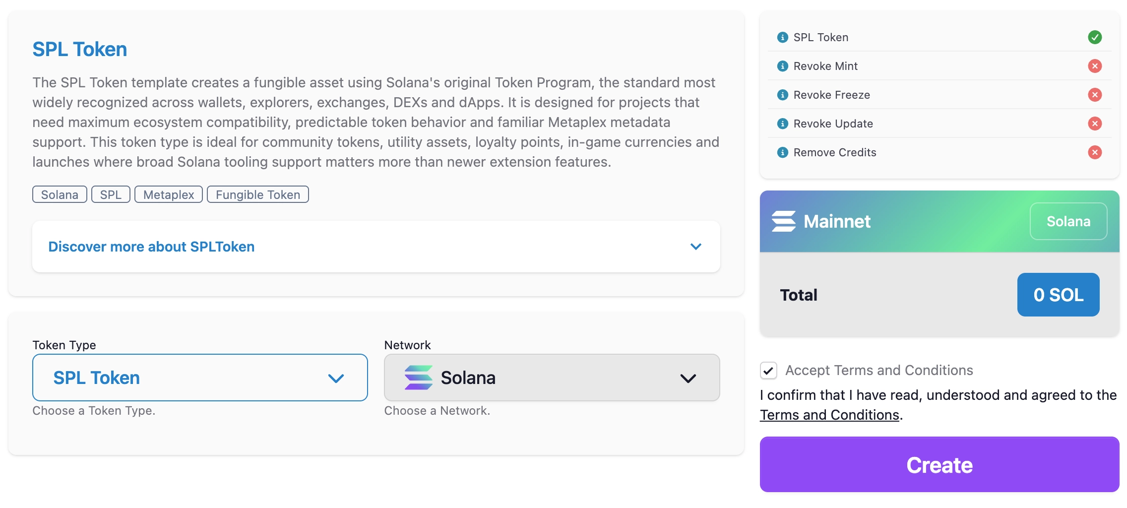 SPL Token and Token 2022 type selector in the Solana Token Generator