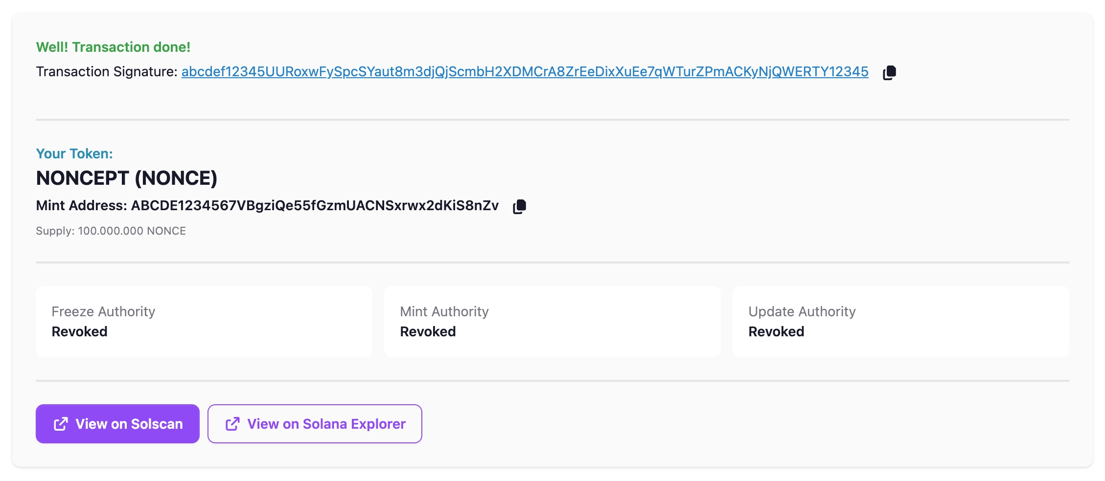 Completed Solana token deployment with transaction and mint links