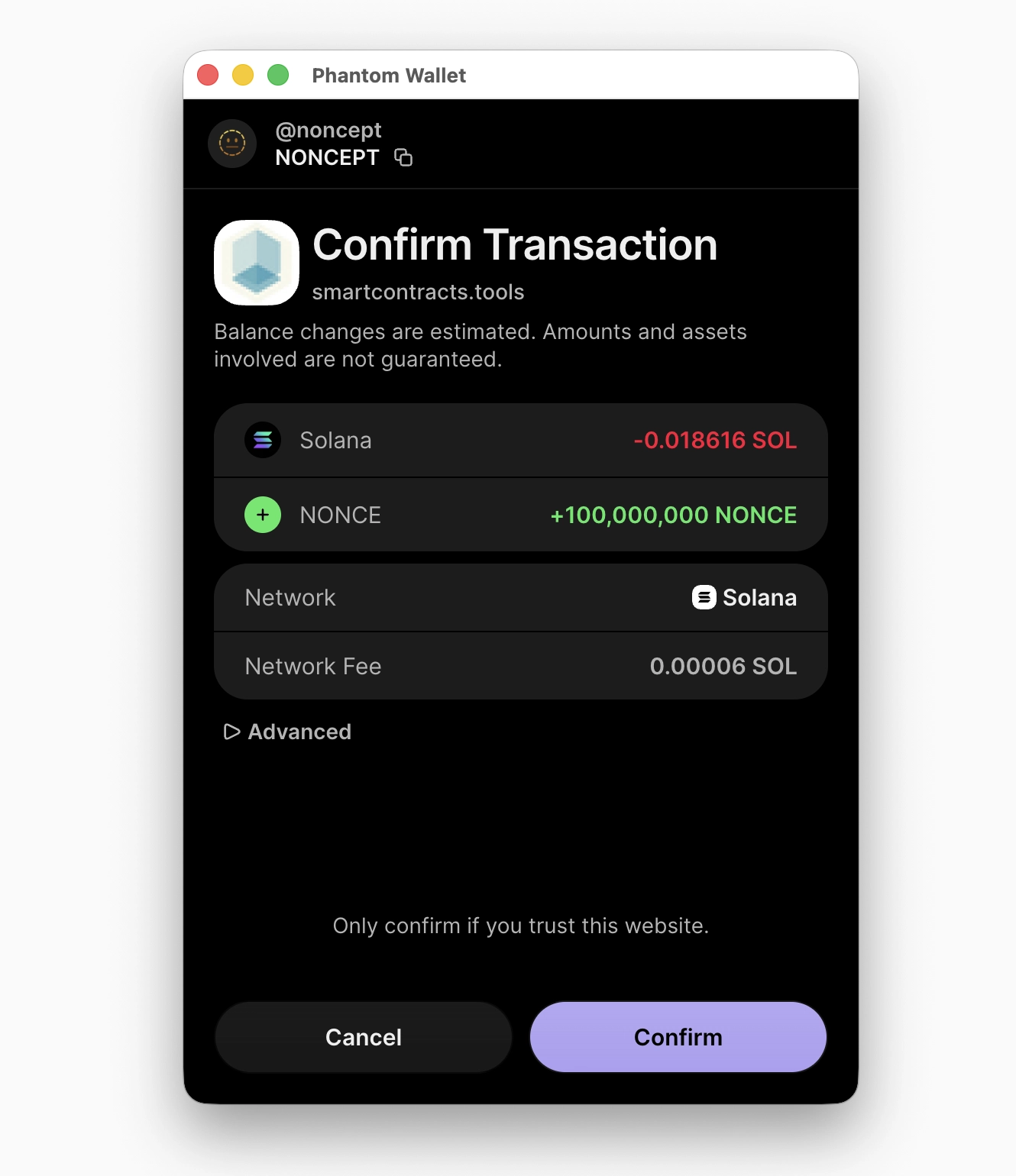 Solana wallet approval for the generated token deployment transaction